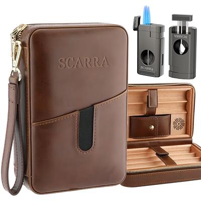 CHFG Leather Cigar Cases Cedar Wood Travel Humiodor Portable Cigars Box  with Cigar Lighter Accessories Set Holds 4 Cigars,Gifts for Men (Brown)
