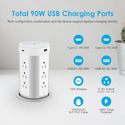 Pop Up Outlet with 15W Wireless Charger,4 Outlets 15A, Splash Resistant,3  inch Desk Hole Power Grommet,Space Saver Pop Up Power Outlet for Kitchen