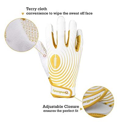 Handlandy Youth Football Gloves, Sticky Wide Receiver Gloves for Kids & Adult, White and Gold Stretch Fit Football Gloves, Small, Adult Unisex, Size: