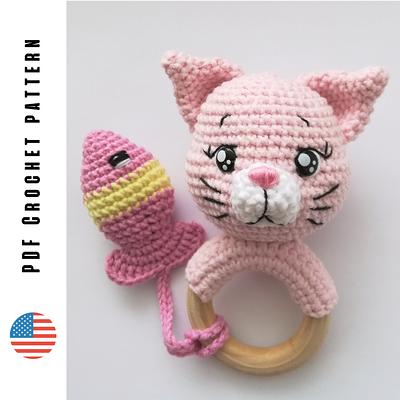 Crochet cat rattle pattern, amigurumi cat and fish teething ring