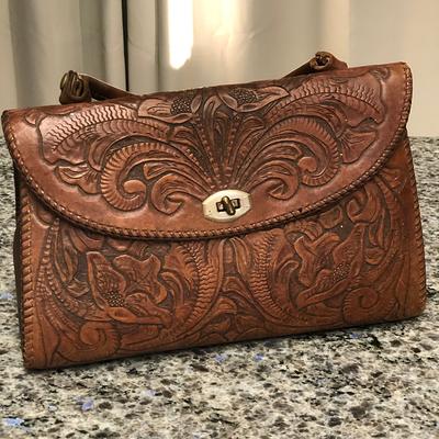 Black Hand Strap Clutch / Crossbody Tooled Leather Purse