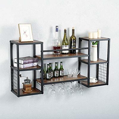 Industrial Pipe Shelf Wine Rack Wall Mounted with 5 Stem Glass