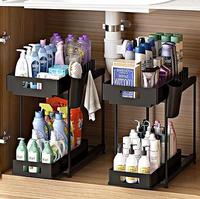 Sevenblue 2 Pack Double Sliding Under Sink Organizers and Storage, 2 Tier  Under Bathroom Cabinet Shelf Organizer with Hooks Hanging Cup, Home