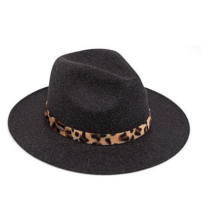 Black Straw Fedora Panama Hat with Leopard Hat Band