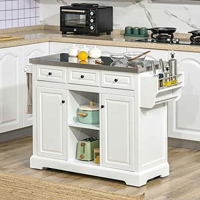 Rolling Kitchen Island with Storage, Portable Kitchen Cart with Stainless Steel Top, 2 Drawers, Spice, Knife and Towel Rack and Cabinets, Black HOMCOM