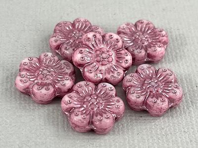 18mm Coin Flower Beads - Opaque Turquoise with Pink - 2 beads