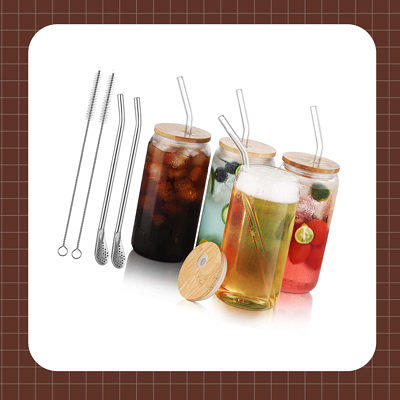 6 Pack Beer Glass Cups with Bamboo Lids and Glass Straws 16oz Beer Can  Shaped Drinking Glasses Cups 