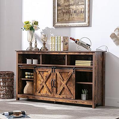 Okd Farmhouse Wood Bar Cabinet with Sliding Barn Door,Wine and Glass Rack, Drawers, Adjustable Shelves (Reclaimed Barnwood), Size: One size, Brown