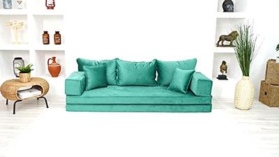 Green fabric floor sofa couch, Large floor pillows