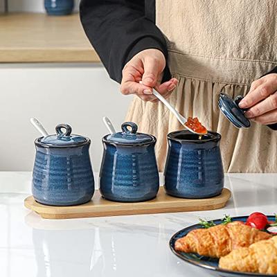 Condiment Container Seasoning Box Set, Glass Condiment Canisters Pots, Salt  Sugar Spice Coffee Jar with Bamboo Wooden Spoon Lid and Base, Set of 3