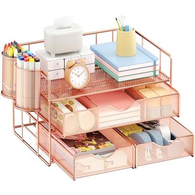 navmen Desk Organizer with File Holder,4 Tier Metal Mesh Desktop Organizer  Paper Letter Tray Organizer with Drawer Holder and 2 Pen Holder,for Office