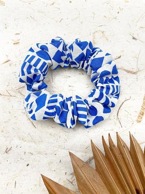 Scrunchie With Cobalt Blue Bead Print, Unique Bun Ponytail Holder