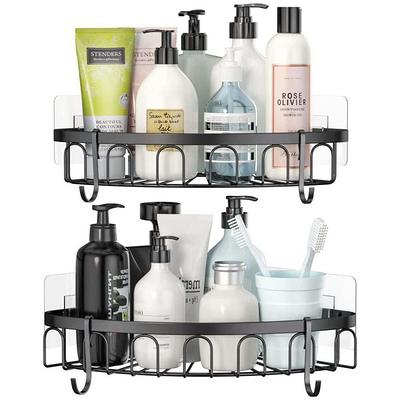 Dracelo Wall Mounted Bathroom Shower Caddies Adhesive Coner Storage Basket with Movable Hooks in Silver 2-Pack