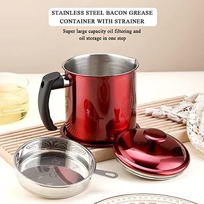 Kyraton Bacon Grease Container With Strainer, 48 oz Metal Shining Red  Stainless Steel Oil Container, Pot Fat Storage With Lid, Easy Grip Handle  Suitable For Storing Frying Oil And Cooking Grease 