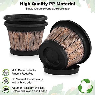 Plant Pots Set of 3 Pack 10 inch,Whiskey Barrel Planters with Drainage  Holes & Saucer.Plastic Decoration Flower Imitation Wine Design,Canbe for  Indoor