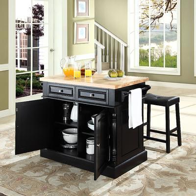 Oxford Kitchen Island W Upholstered Saddle Stools Black Kitchen