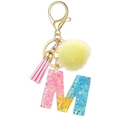 Fuqimanman2020 Glitter Letter A-Z Keychain Pink Blue Resin Alphabet Initial  Letter Accessories with Purple Tassel Glass Ball