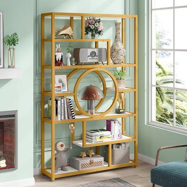 Dextrus 6 Tier Gold Bookshelf, 71 Tall Modern Free Standing Bookshelf with 12 Shelf Bookcase, Faux Marble Open Display Storage Book Shelves for Living