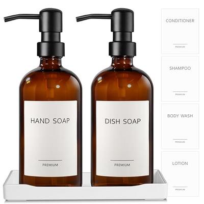 Set of 2 - AMBER Glass Bottles Dish Soap + Hand Soap, SIGNATURE Style  waterproof label, PREMIUM pumps, Refillable Soap Dispensers