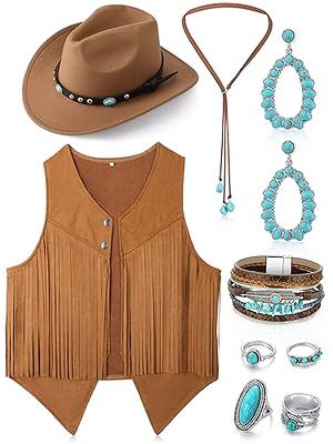 4 Pieces Cowgirl Outfits Set, Tassels Fringe Sleeveless Vest Cowboy Hat  Boots Dangle Drop Earrings Cowboy Bandana