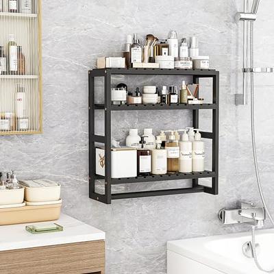 Galood Bathroom Storage Shelves Organizer Adjustable 3 Tiers, Over The Toilet Storage Floating Shelves for Wall Mounted with Hanging Rod (Black)