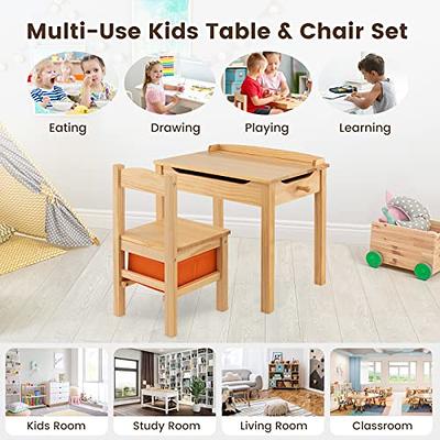 Kids Art Table and 2 Chairs, Wooden Drawing Desk, Activity