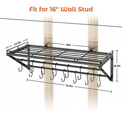 OROPY 23 Inch Wall Mounted Pot Rack Storage Shelf with 2 Tier Hanging Rails  12 S Hooks included, Ideal for Pans, Utensils, Cookware, Plant Black