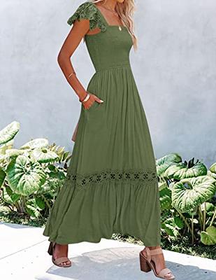 Women's Casual Summer Midi Dress Puffy Short Sleeve Square Neck Smocked  Tiered Ruffle Dresses 