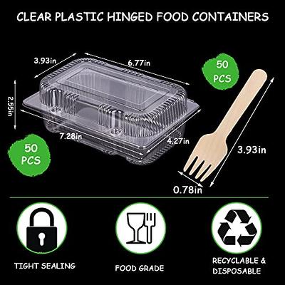 50 PCS Clear Plastic To Go Containers Disposable Take out Food Containers  with Clear Lids 50 PCS Forks Fancy Hinged Top Clamshell Food Boxes for