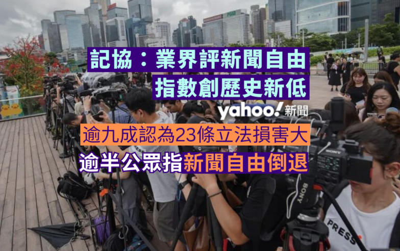 記協：業界評新聞自由指數創歷史新低　逾九成認為 23 條立法損害大　逾半公眾指新聞自由倒退｜Yahoo