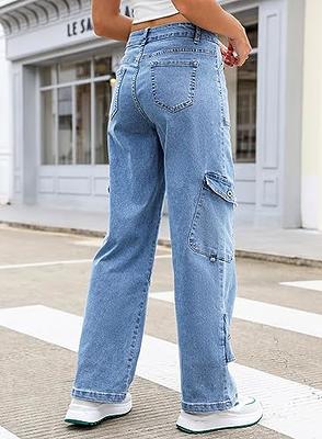 Streetwear High Waist Cargo Jeans Woman Plus Size Blue Stretch