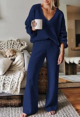 Fixmatti Women 2 Piece V Neck Sweater Sets Ribbed Knit Pullover Wide Leg  Pant Matching Lounge Suit Outfits Blue XL - Yahoo Shopping