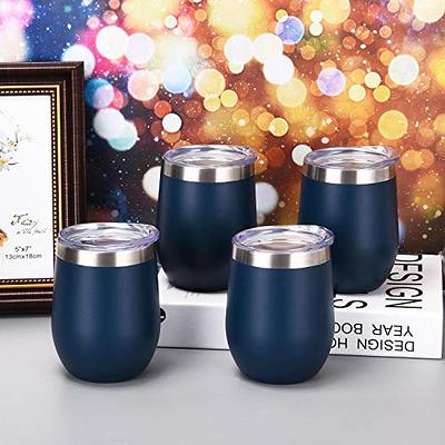 Stemless Insulated Wine Tumbler Set with Lid, 12oz 2 Pack Stainless Steel  Double Walled Metal Wine & Champagne Tumbler with Straw and Brush for