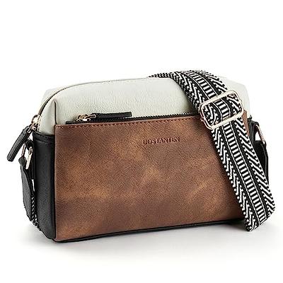 Crossbody Bag for Women, Small Leather Camera Purse Guitar Strap Cross-body Bags, Triple Zip Shoulder Bag with Wide Strap