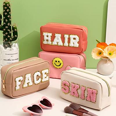 4 Pcs Preppy Cute Patch Makeup Bags Nylon Toiletry Cosmetic Bags Travel  Chenille Skincare Pouch for Women Gifts Stuff Daily Use Storage Purse