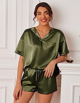 Ekouaer Satin Pajamas Set for Women Short Sleeve Silk Pj Sets Soft Sleepwear  Top Army Green - Yahoo Shopping