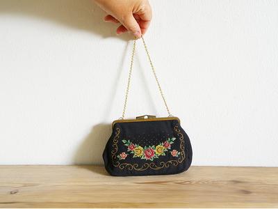 Black Petit Point Floral Clutch, 1950s Japan