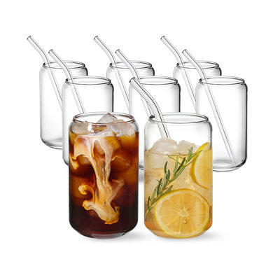 Drinking Glasses with Bamboo Lids and Glass Straw 16oz Can Shaped Glass  Cups, Beer Glasses, Iced Coffee Glasses