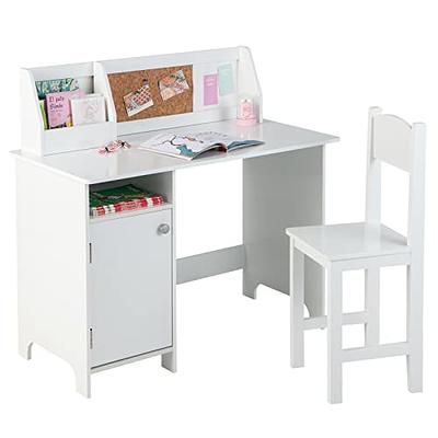 UTEX Kids Desk,Wooden Study Desk with Chair for Children,Writing Desk with  Storage and Hutch for Home School Use,White 