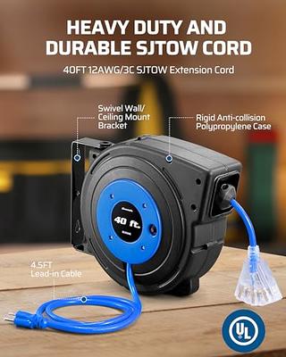  DEWENWILS Retractable Cord Reel, 60FT Heavy Duty Extension Cord,  12AWG/3C SJTOW, 3 Grounded Outlets Lighted Triple Tap, 15A Circuit Breaker,  Wall/Ceiling Mounted for Garage, Workshop, UL Listed, Blue : Tools 