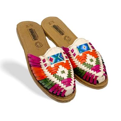  Amantoli Floral Sandal Model - Otomi Huarache - Women 100%  Artisan Hand Made, Hand Painted Mexican Leather Hipster Colorful Sandal, Flats