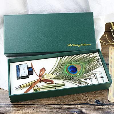 Feather Pen-Quill Pen and Ink Set, Vintage Calligraphy Dip Pen Kit,European  Ink Pen kits, with 5 Nibs, 2 in 1 Pen Holder, Wooden Dip Pen, Sealing  Wax,Spoon (Green)