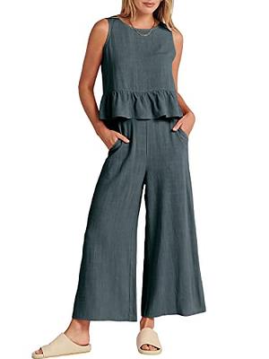 Women 2 Piece Pants Outfits Casual Loose Blouse Top Long Wide Leg Palazzo  Pants Set Jumpsuit