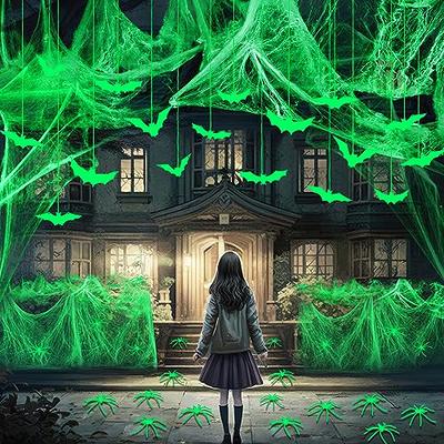 Meooeck 3 Pcs Halloween Glow in The Dark Spider Web Halloween Decorations  with 100 Pieces Fake