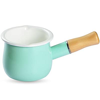 550ml Small Enamel Milk Cooking Sauce Pot Wooden Handle Cookware White, Size: As described