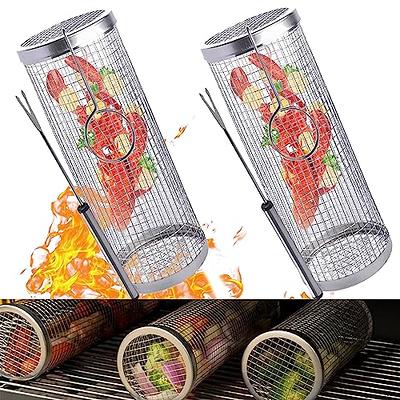 Grill Basket BBQ Grill Basket Rolling Grilling Basket Stainless Steel Grill  Mesh Useful Barbeque Grill Accessories Portable