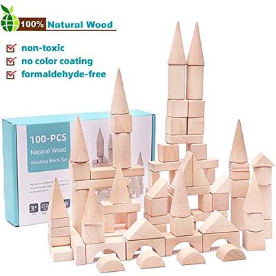 Timfuis Wooden Building Blocks Set, 80 PCS Natural Wood Stacking Block Toy  with Carrying Bag, Montessori Learning Birthday Gifts for 3 4 5 Year Olds