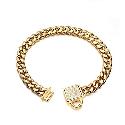  New Gold Chain Dog Collar with Bling Cubic Zirconia Secure  Clasp,15MM Strong Stainless Steel Cuban Link Chain Collars,Luxury Necklace  Walking Collar for Small Medium Dogs : Pet Supplies