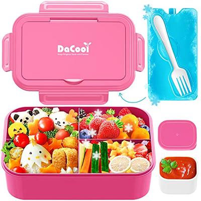 DaCool Kids Lunch Box with Ice Pack Chill Bento Lunch Containers 9.4 CUP Toddler  Cold Bento Box with 3+1 Compartments Fork for Meals Snack Fruit, Leakproof  Dishwasher & Microwave Safe BPA-Free,Pink 