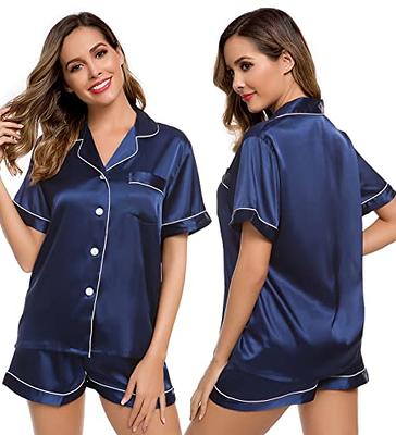 Elegant Satin Solid Pajamas, Short Sleeve Button Up Top And Shorts Pj Set,  Women's Sleepwear & Loungewear